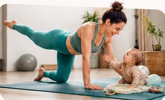 Un parent en gainage sur un tapis face à son bébé qui l'observe
