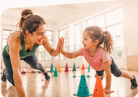 Un parent et son enfant se tapant dans la main pendant un parcours moteur
